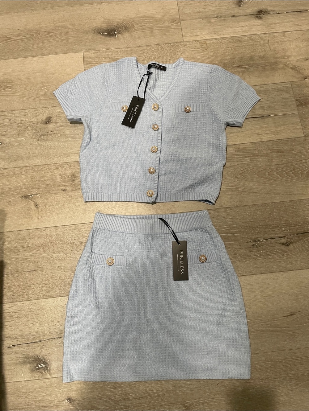 Pocket Front Knit Skirt Set - Light Blue
